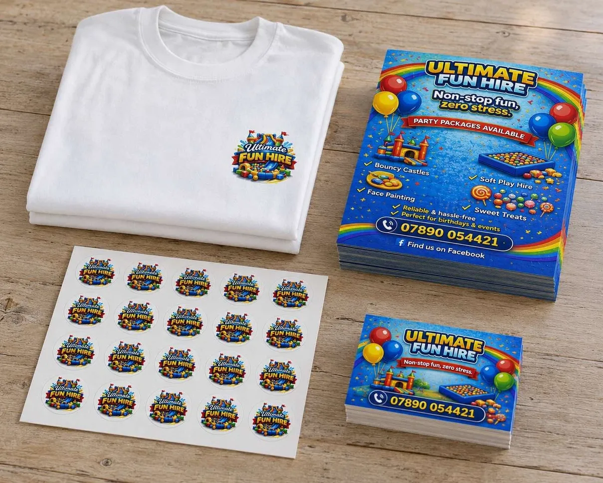 Ultimate Fun Hire flyers, stickers & t-shirt