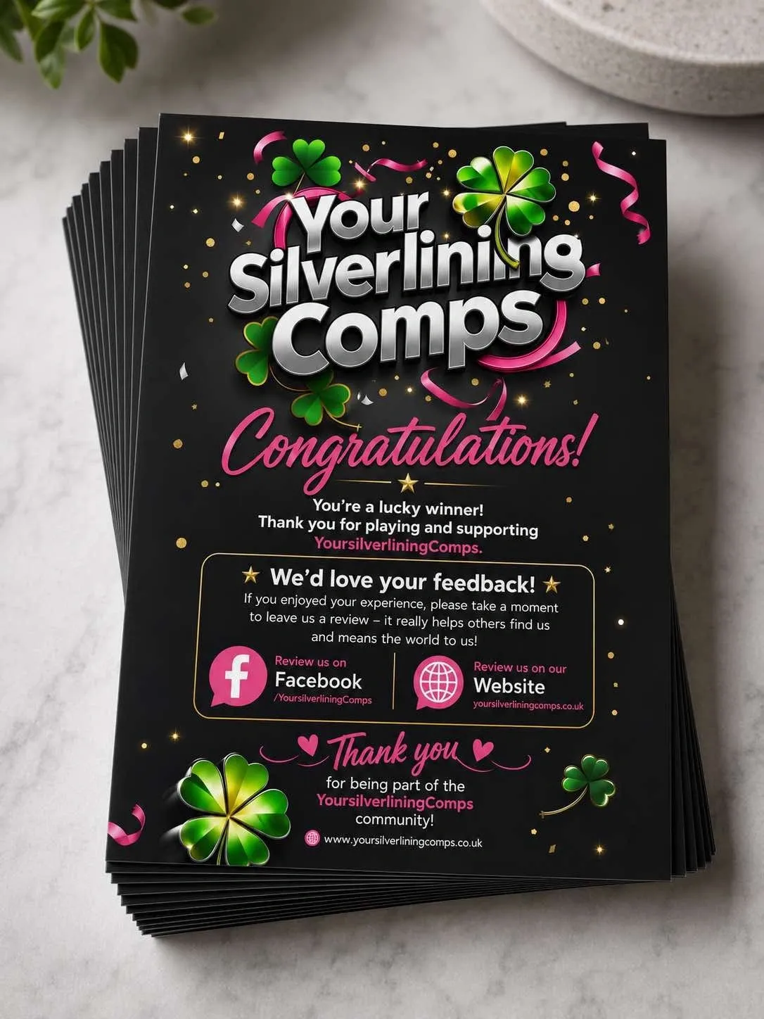 Your Silverlining Comps congratulations flyers